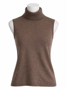Size S Kate Hill Women’s Merino Wool Sleeveless Turtleneck Brown Knit Top